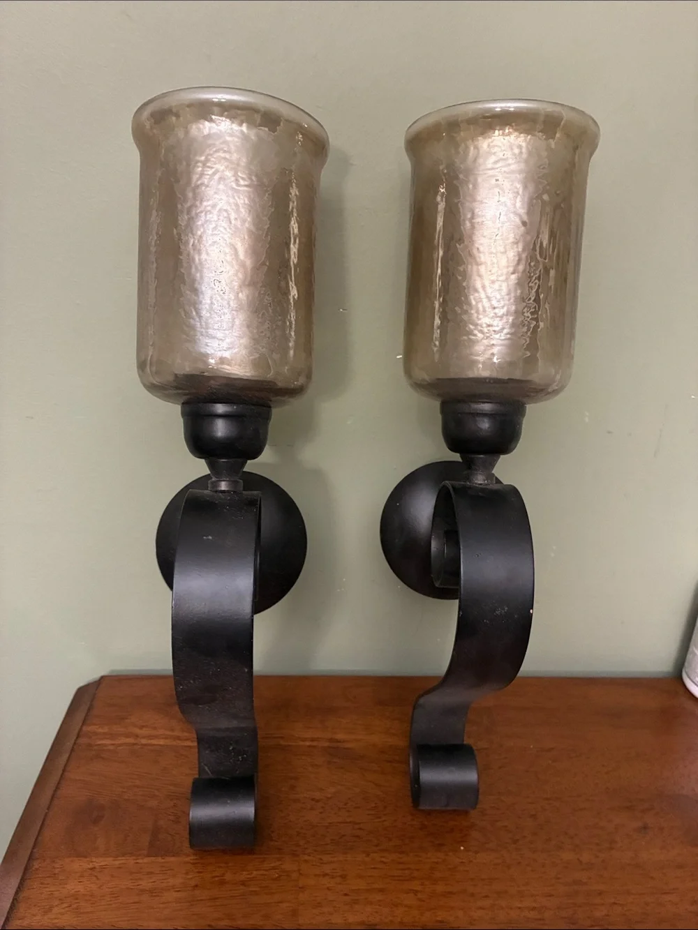 Decorative Black Wall Sconce Pair with Amber Glass Shades, beautiful